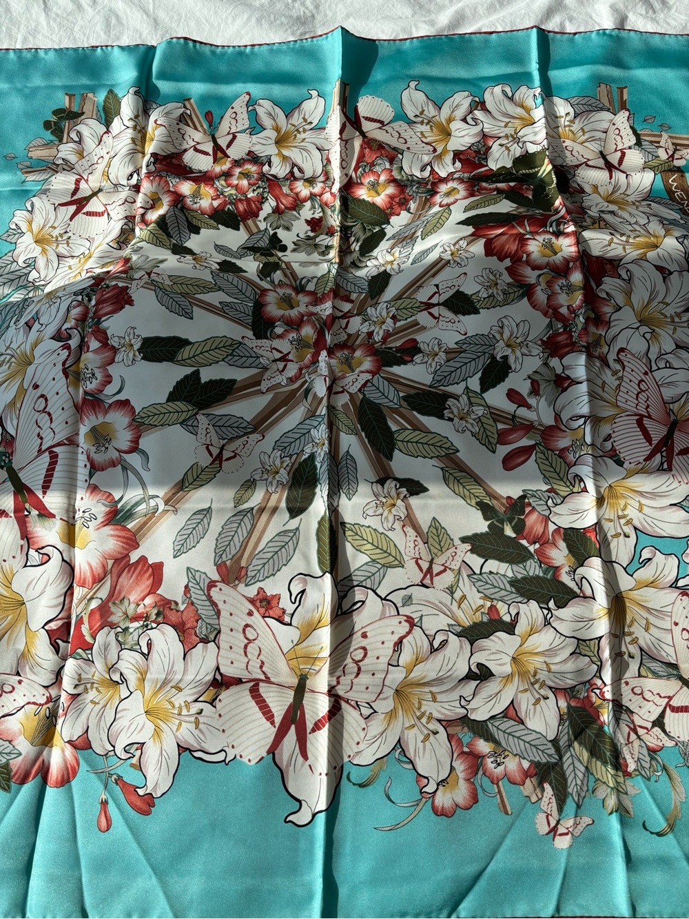 Wensli 100% Mulberry Silk Scarf in Turquoise Cream and Red BNWT